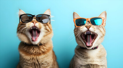 Two Cats Wearing Sunglasses and Yawning.