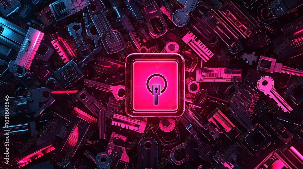 Poster a password manager app visualized as a glowing safe filled with keys and digital locks, surrounded b