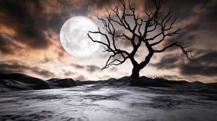 Fototapeta premium A solitary tree, devoid of leaves, stands in the midst of a body of water The full moon casts its light behind