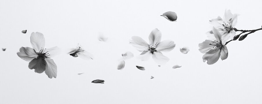 A monochromatic image of cherry blossoms, gently falling against a minimalist background