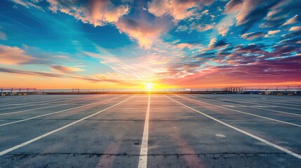 A wide-angle perspective shot of an empty asphalt parking lot, featuring a colorful sunset sky and white painted lines.