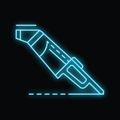Glowing blue neon icon of a vacuum cleaner cleaning a floor surface