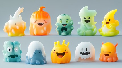 Naklejka premium Colorful, playful cartoon monsters in various shapes and expressions.