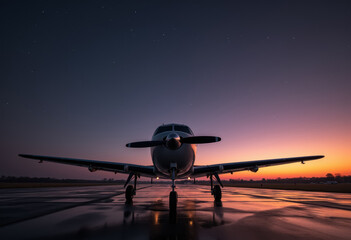 An airplane taking off at dusk.