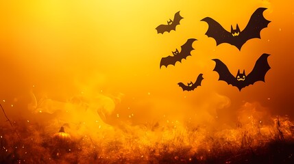 Fototapeta premium Silhouettes of bats flying over a smoky, orange Halloween landscape.