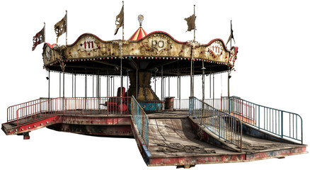 Spooky Abandoned Carnival Ride Isolated on White Background - Haunted Fairground Atmosphere