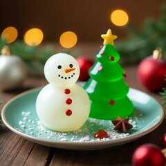 Obraz premium edible jelly white snowman green Christmas tree on soft blue plate, blurred bokeh lights and Christmas decorations in background. Christmas dessert, festive holiday treats, kids party sweets concept.