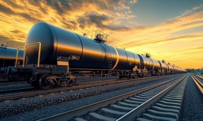 A row of black freight train tank cars against a vibrant sunset sky.