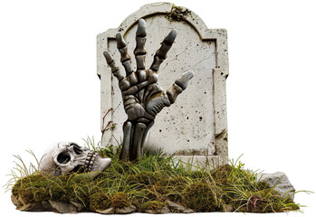 Spooky Grave with Skeleton Hand Rising From Ground Isolated on White - Halloween Concept