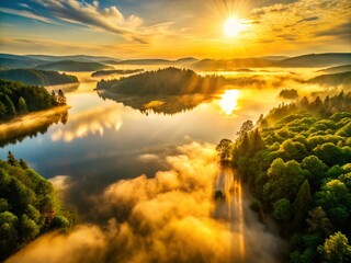 Vintage Sunrise Over Misty Lake and Forest - Nature Photography