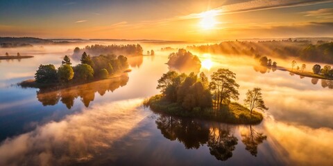 Vintage Sunrise Over Misty Lake - Tranquil Nature Landscape Photography