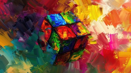 Fototapeta premium A colorful cube with a textured, paintbrush-stroke background, creating an abstract and geometric composition.