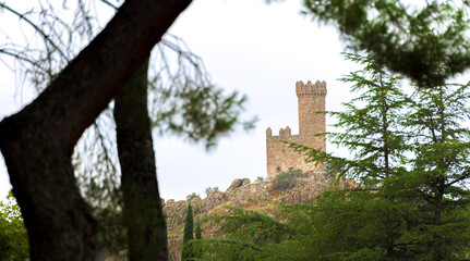 A medieval watchtower is seen in the distance behind a forest in Torrelodones, Madrid.