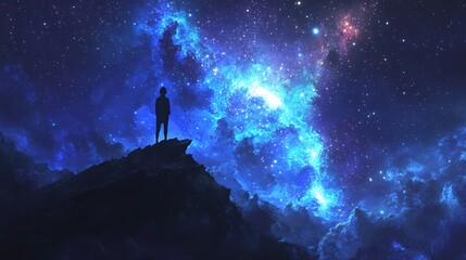 Fototapeta premium A solitary figure stands atop a rocky peak, gazing into a mesmerizing galaxy filled with vibrant colors and countless stars.