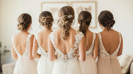 Naklejka premium Bridesmaids shopping for dresses with elegant designs