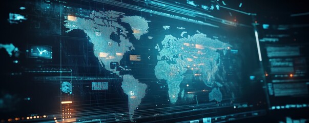 Futuristic World Map Display in Digital Interface with Blue Tech Design