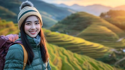 Naklejka premium young girl hiking with backpack at sunset in mountains