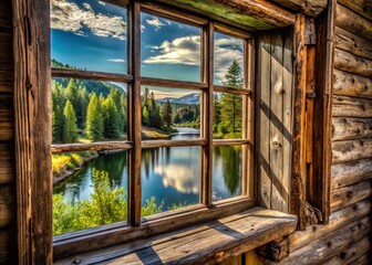 Fototapeta premium Vintage Window View of a Serene River Landscape in an Old House