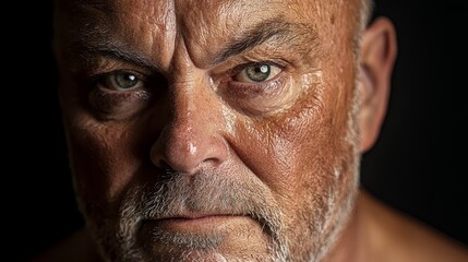  A tight shot of a man's freckled face, conveying seriousness