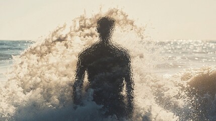 A person standing in the ocean water, surrounded by waves, creating a serene and calming atmosphere. Perfect for evoking feelings of freedom and adventure.