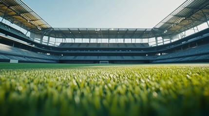 Wide-angle view of a modern sports stadium with lush green grass, perfect for football or soccer matches, under a clear blue sky.