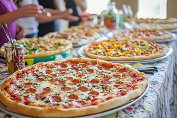 Variety of pizzas on table at outdoor gathering