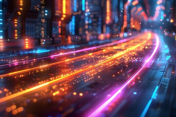 Fototapeta premium Futuristic Neon Cityscape with Vibrant Light Trails for Digital Design