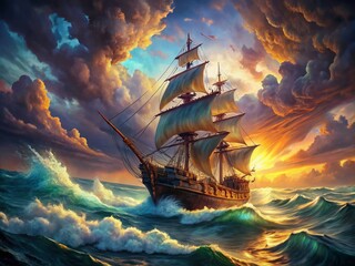 Obraz premium Vivid Pirate Ship at Sea - Generative AI Landscape Photography