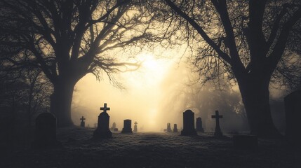 A haunting graveyard scene illuminated by soft light, surrounded by towering trees and fog, creating an eerie yet peaceful atmosphere.