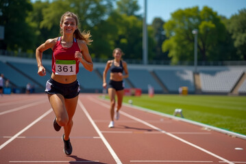 Obraz premium A female runner sprinting to the finish line in a track and field race, her face showing determination and speed as she aims for victory.