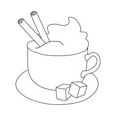 Cup of hot chocolate with whipped cream and wafer rolls. Black outline on white background. Vector illustration for coloring book.