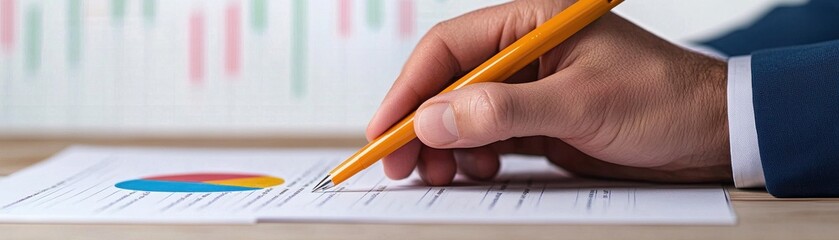 business hand writing on a document with a colorful graph, suitable for financial reports.