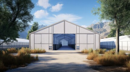 Obraz premium Modern Greenhouse Complex: A sleek and modern greenhouse complex, nestled amidst lush greenery, stands as a symbol of sustainable agriculture and innovative farming techniques.