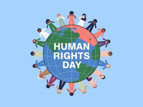 Diverse People Holding Hands Around a Globe for Human Rights Day - Powered by Adobe