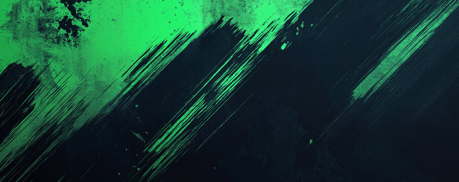 A dynamic abstract black and green background with brush strokes. AI generation.