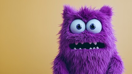 Fototapeta premium Cute purple monster with big eyes and fluffy fur against a yellow background.