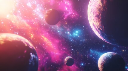 A stunning cosmic scene with vibrant planets and colorful nebulae in outer space.