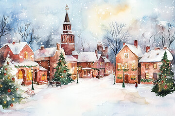 Watercolor illustration for christmas card. Winter European city, old houses, tower and christmas trees. Blurred illustration of paint, stains and splashes.