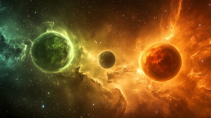 Vibrant cosmic scene featuring colorful planets in a starry background.