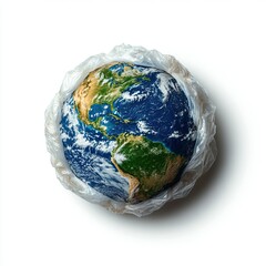 Globe wrapped in plastic, highlighting pollution and environmental issues, white isolated background.