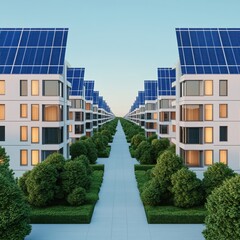 Modern residential buildings with solar panels and green landscaping, showcasing sustainable urban living.