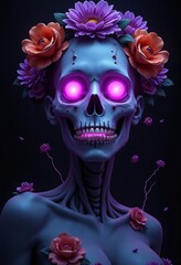 Fototapeta premium A female humanoid creature with bright purple eyes, flowers around his head