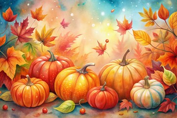 Watercolor Fall Background with Pumpkins and Leaves for Thanksgiving Illustration