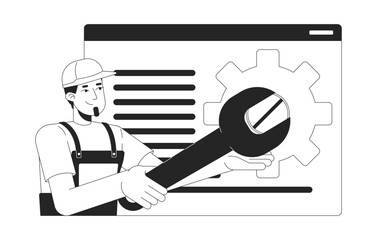 Web developer fixing website black and white 2D illustration concept. Programmer repairman spanner unscrew outline character isolated. Wrench webpage debugging metaphor monochrome vector art