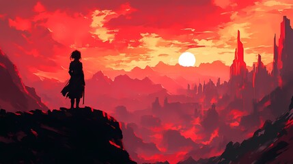 Obraz premium Silhouetted figure against a fiery sunset in a dramatic fantasy landscape.