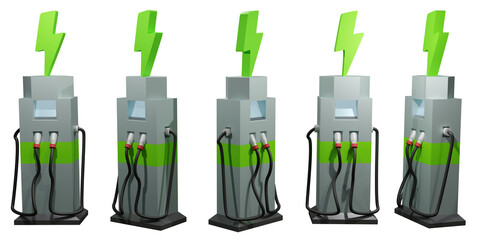Electric vehicle charging station from different angles. 3D render without background in high resolution.