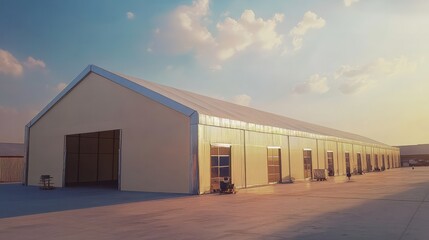 Sunset Warehouse: Expansive industrial building at golden hour.  