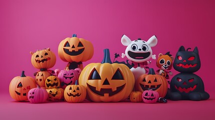 Playful Halloween scene with colorful pumpkins and cartoon characters against a pink backdrop.