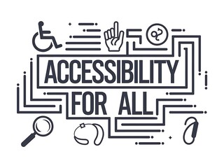 Accessibility for All Concept with Icons of a Wheelchair, Hand, Magnifying Glass, and Hearing Aid