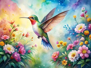 Fototapeta premium Watercolor Hummingbird and Flowers Fashion Photography Inspiration